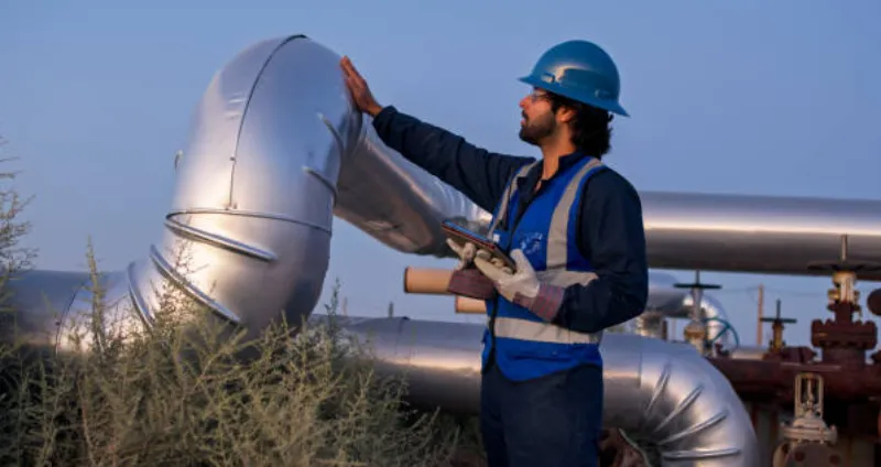 A worker inspects a metal pipeline.